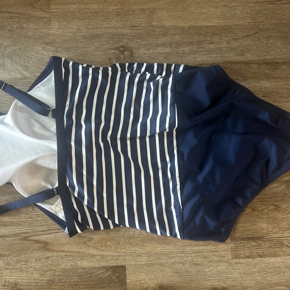 Navy and White Striped Swimsuit - Picture 2 of 3